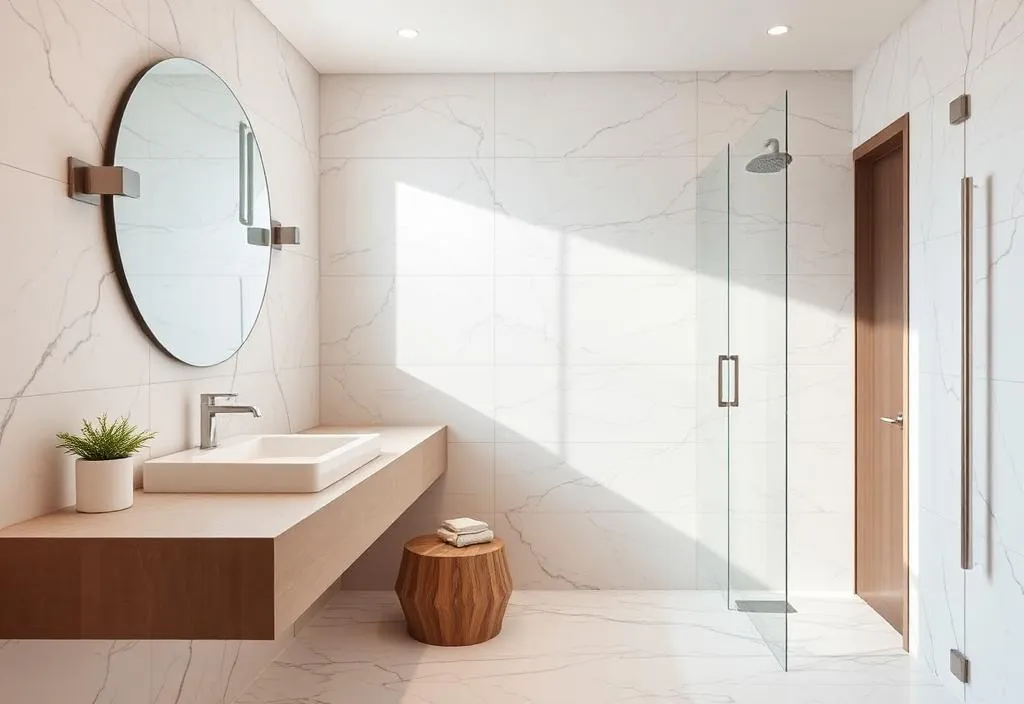 Modernes Badezimmer mit Waschtisch und bodenebener Glasdusche